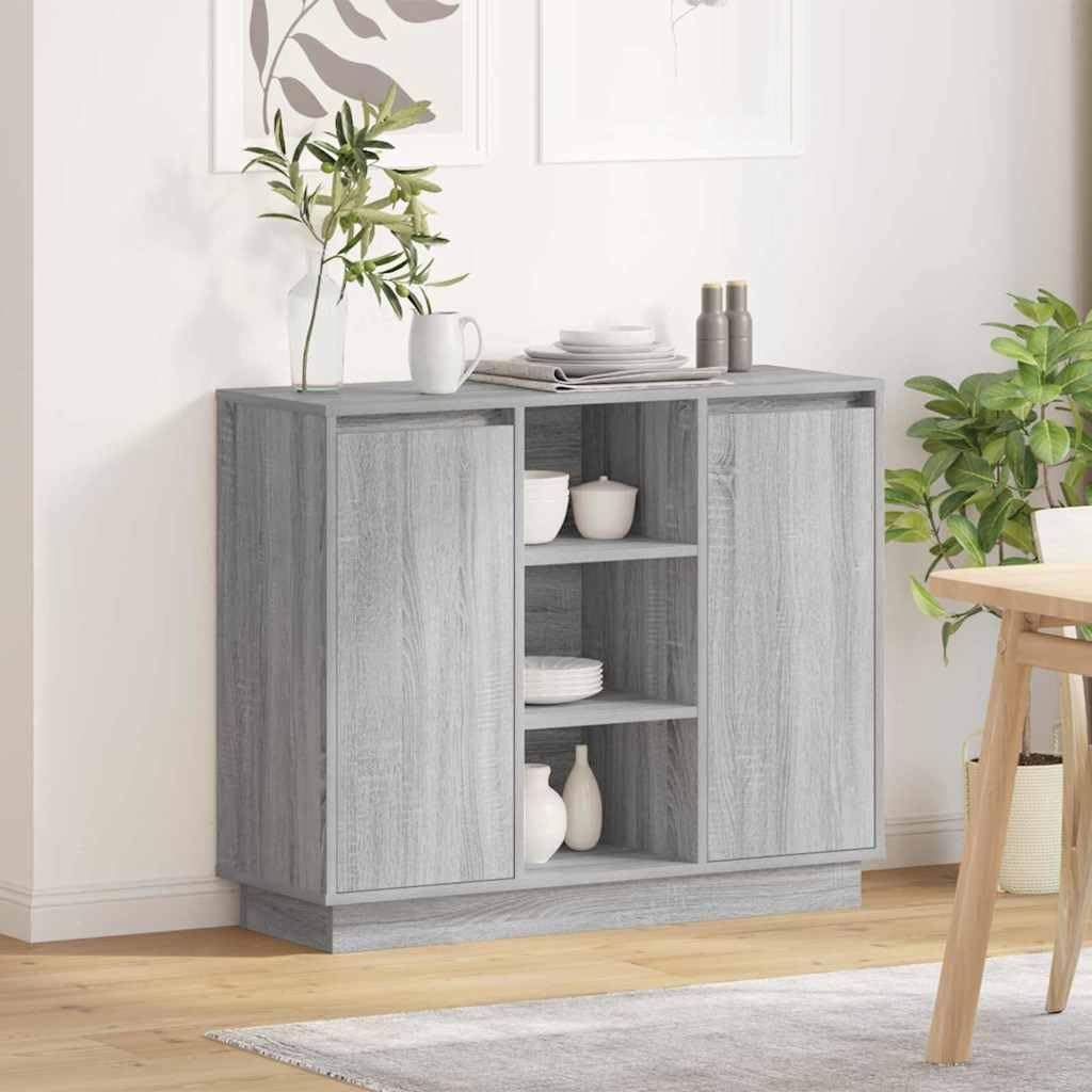 Szafka LED Sonoma szara, 90 x 32 x 75 cm, komoda z drzwiami i półkami, do salonu, jadalni, kuchni, korytarza, z miejscem do przechowywania