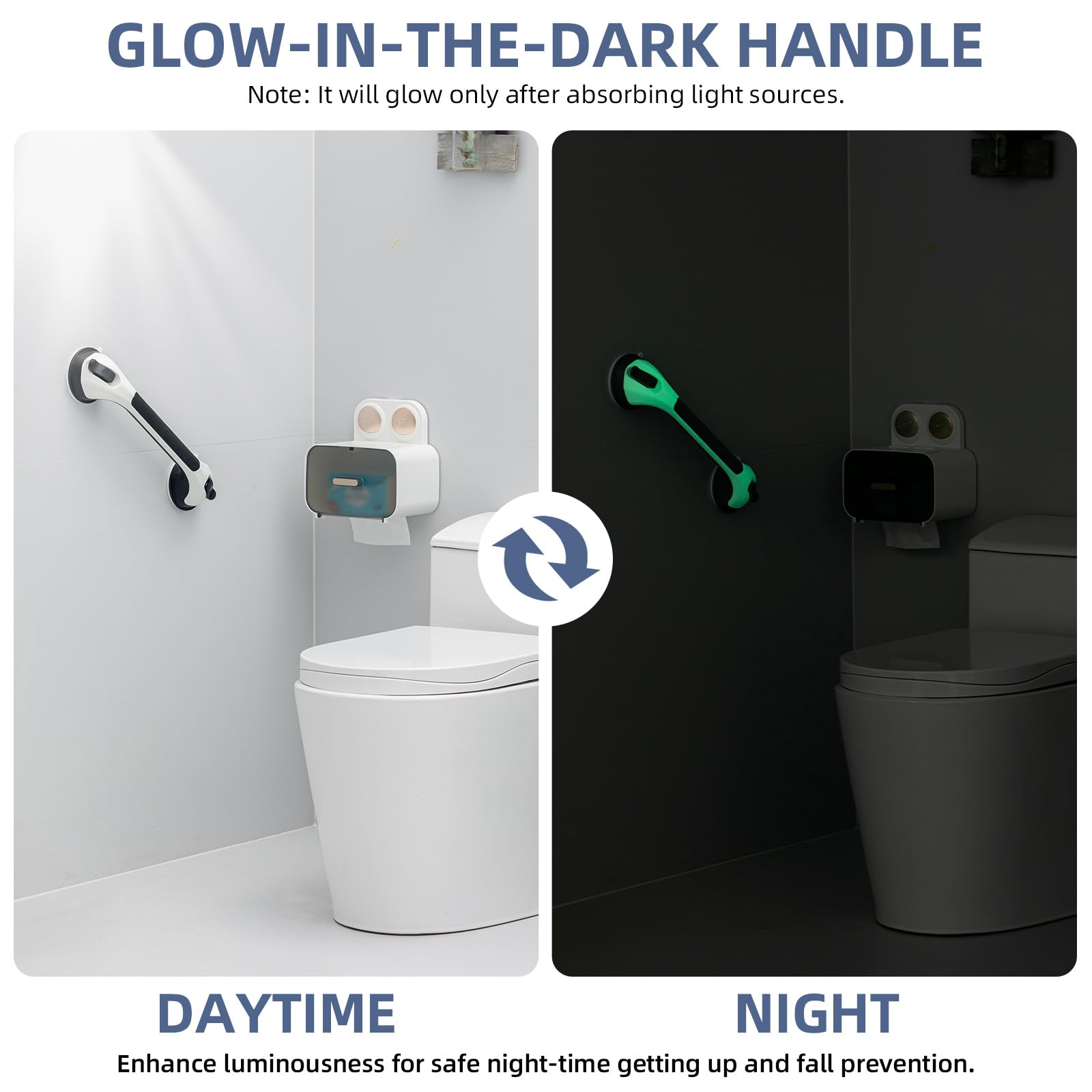 Paquete de 2 barras de agarre para ducha que brillan en la oscuridad, barras de agarre de 16 pulgadas para baño y ducha, pasamanos de seguridad con ventosa para personas mayores y mayores,