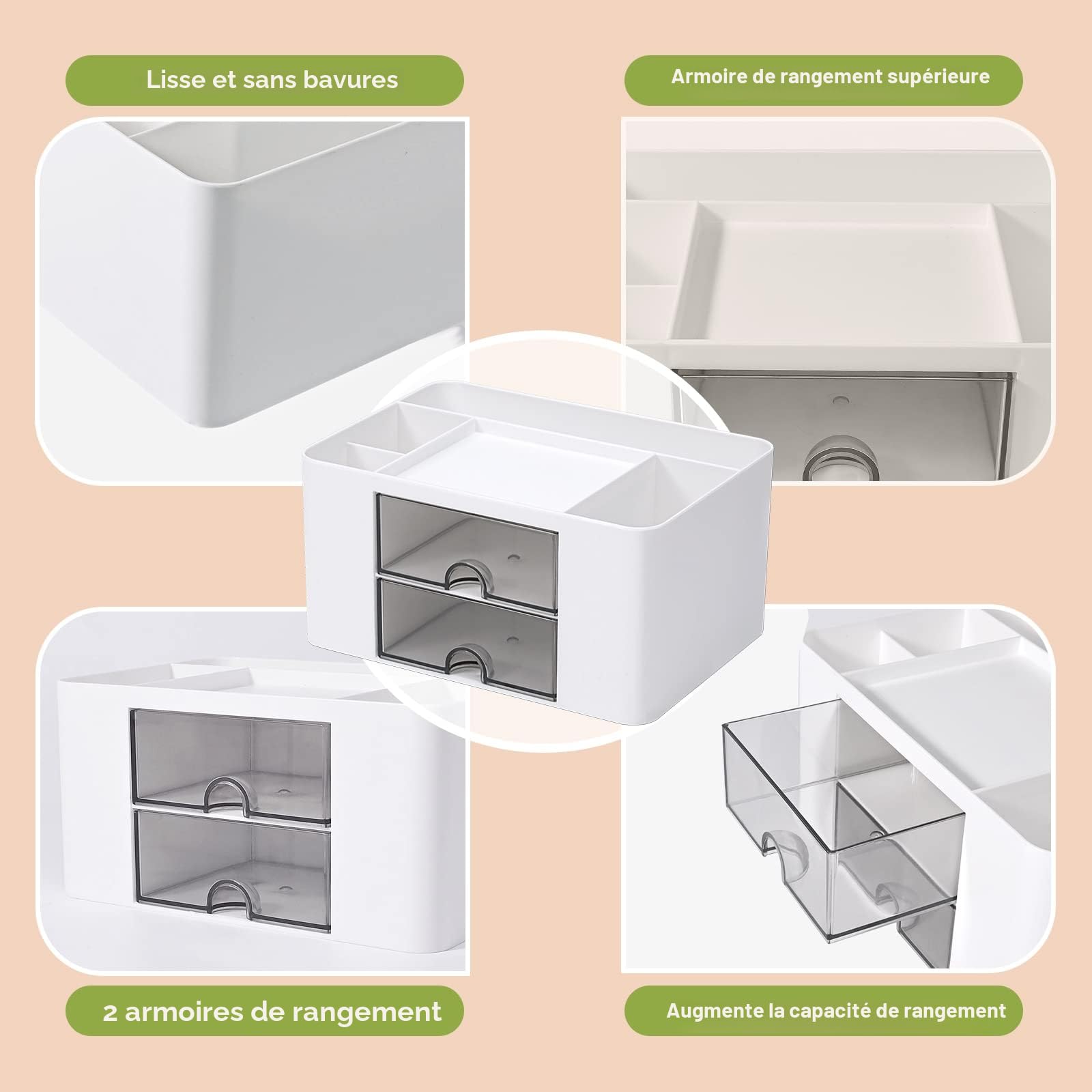 Organiseur de bureau polyvalent avec 5 compartiments, 2 tiroirs et possibilités de rangement multifonctionnelles - Idéal pour les fournitures, articles de papeterie et accessoires
