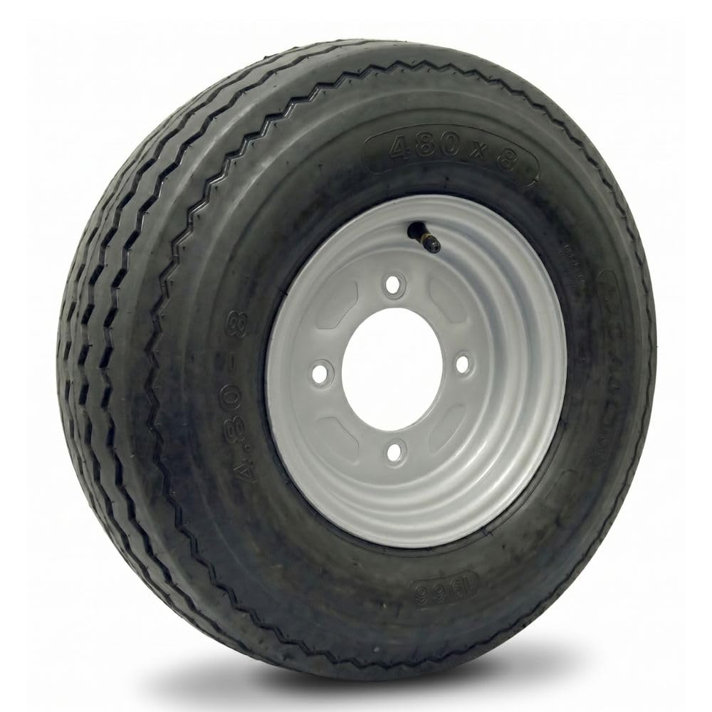 Roue complète 480x8 8" - 4 Trous - Entraxe 115mm - Déport 0 - Pour remorque - 8 pouces - Largeur 4,8 pouces - Indice de vitesse N 140km/h - Indice de charge 62 (265kg)