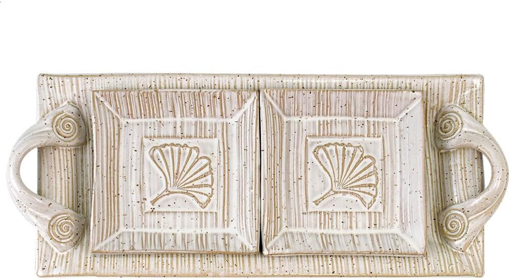 American Made Ginkgo Motif 12.5" Versatile Stoneware Pottery Tray with Mini Dishes