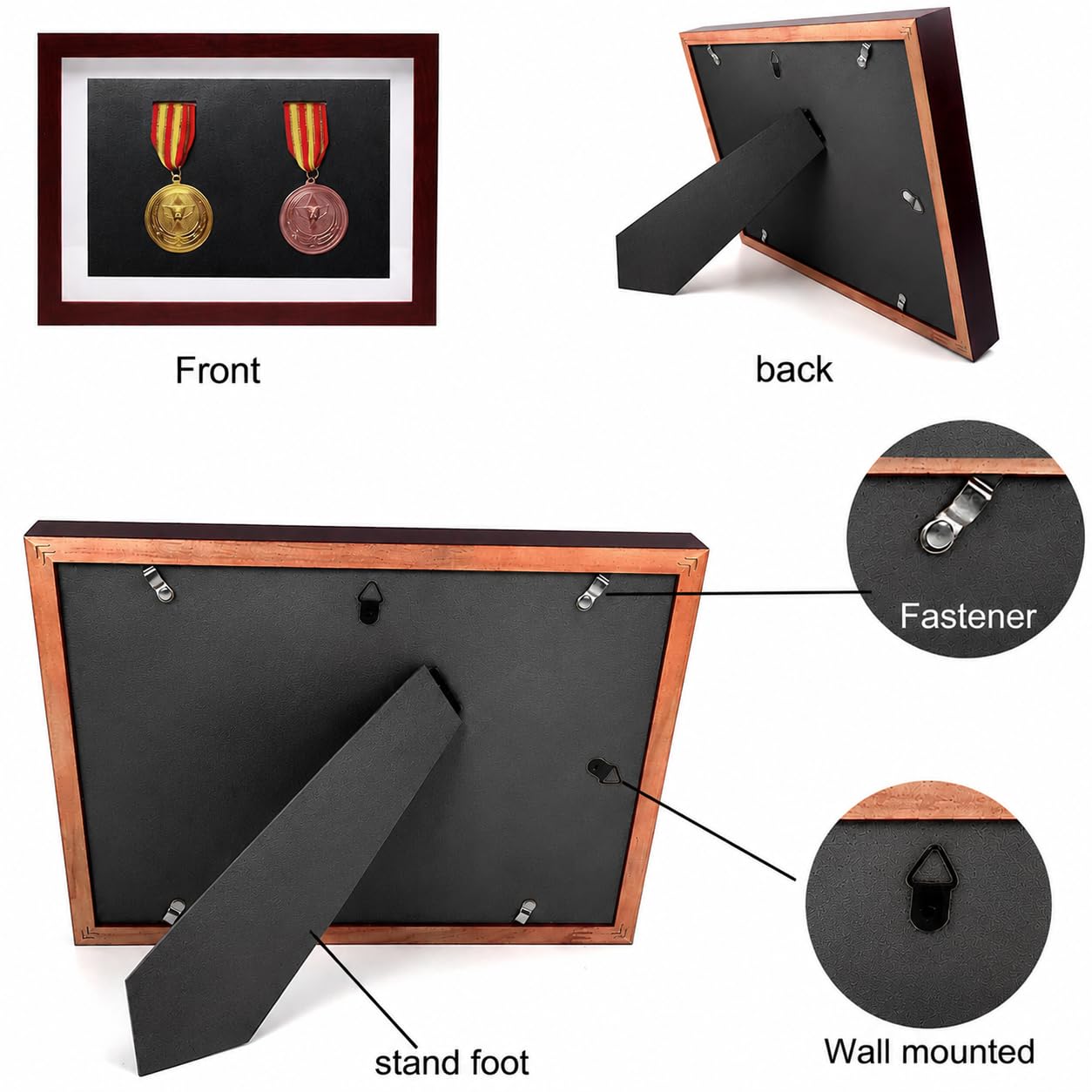 Cornice espositiva in legno massello per medaglie – Vetrina per medaglie militari, sportive e maratona con spazio per foto e carte commemorative