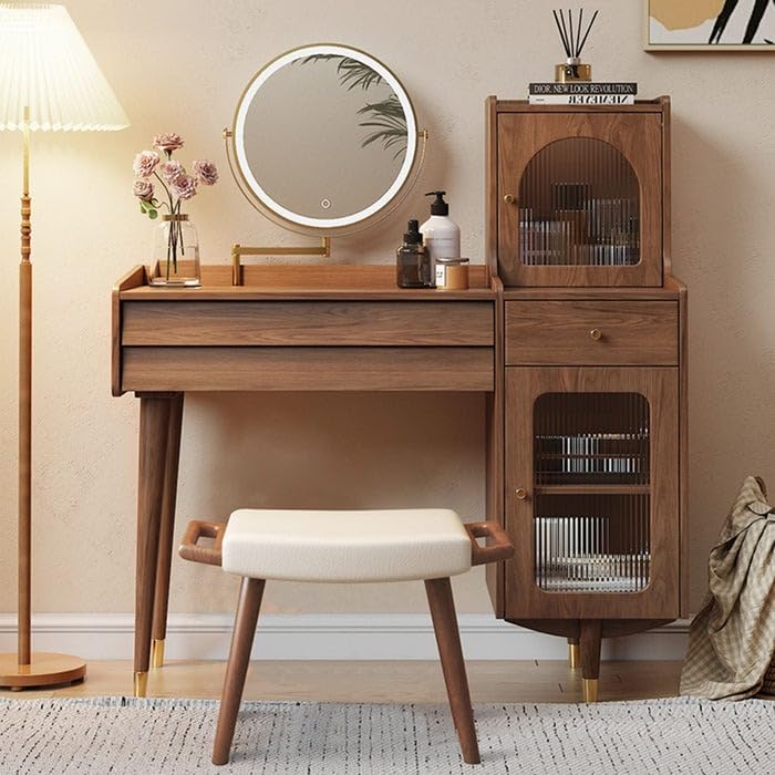 NG Decor Walnut Vanity Table with Lighted Mirror and Stool for Bedroom-image-45