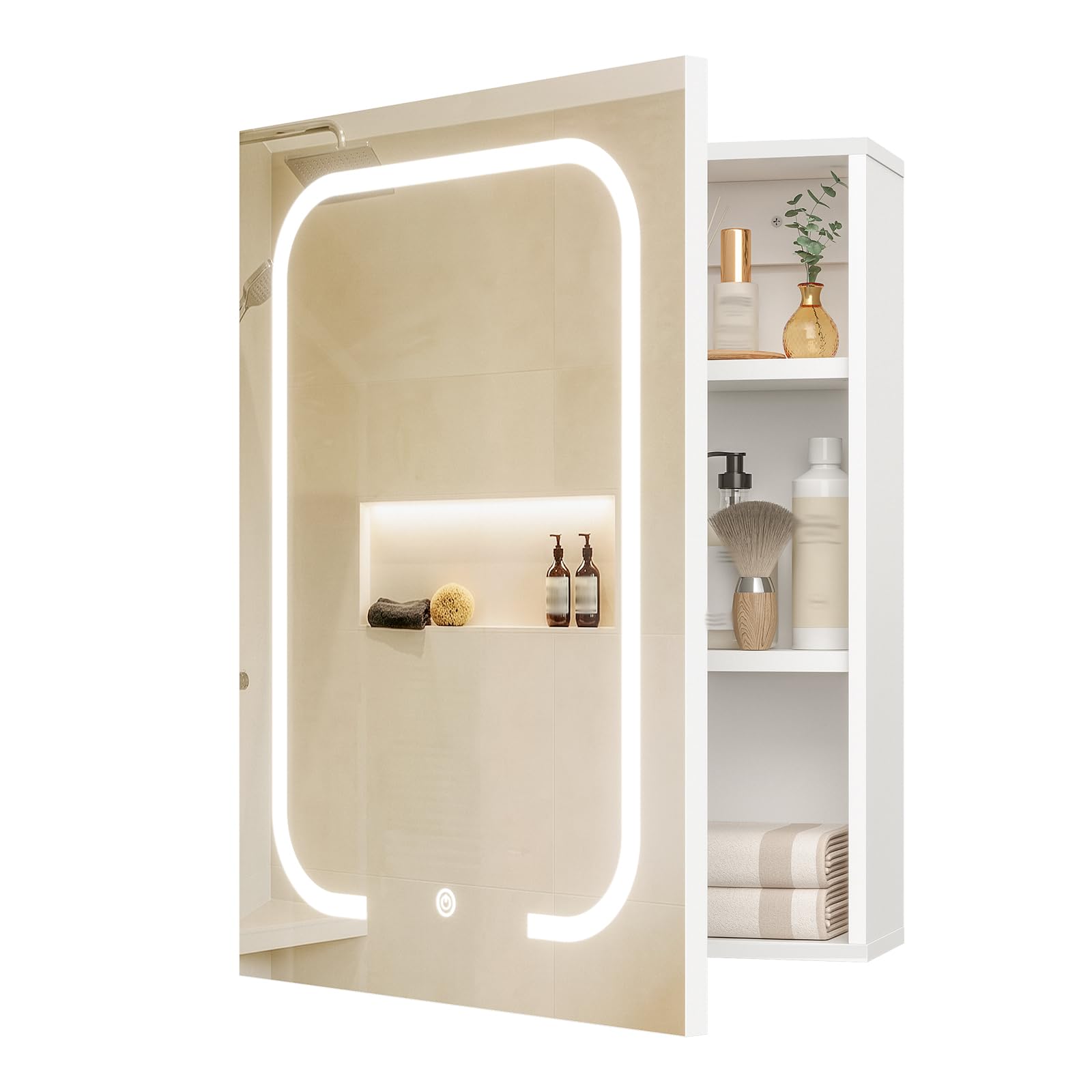 CHOEZON Armario de Baño con Espejo e Iluminación, 3 Temperaturas de Color, Armario de Pared de 45 x 60 cm con Estantes Ajustables, Puerto USB, Interruptor Táctil, Blanco