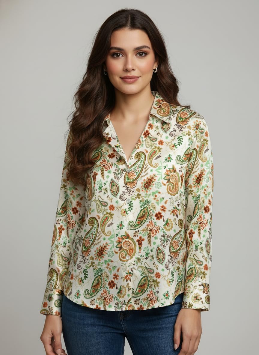 ANNI Designer Bedrucktes Damenhemd aus Baumwollmischgewebe, langärmelig, normale Passform, Kragen, legere Bürokleidung, elegante Western-Kleidung für den Alltag, Hochzeit, Party