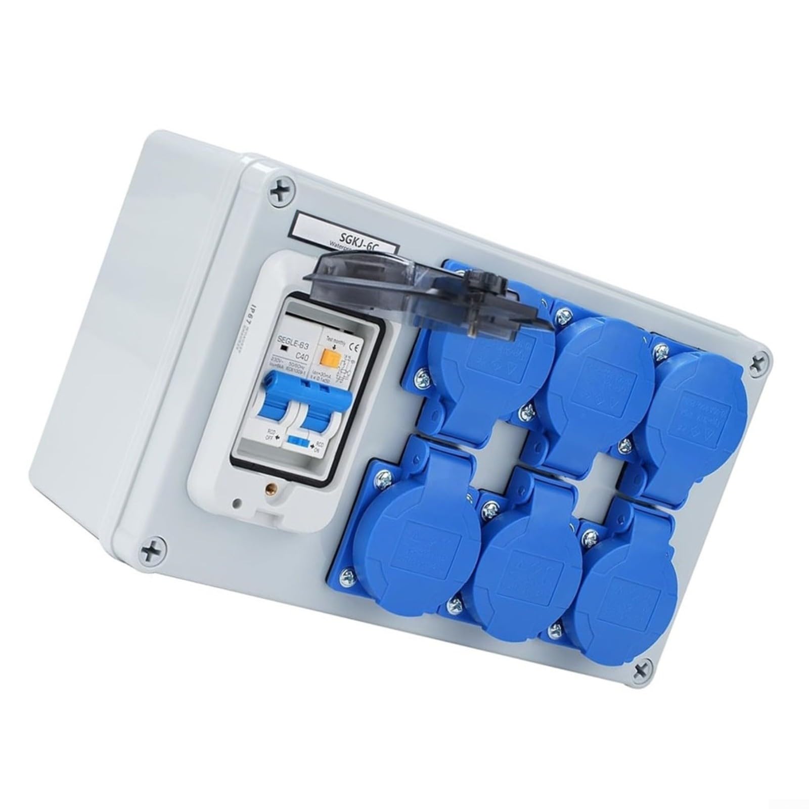 Distributore da parete IP54, a 6 scomparti, con interruttore FI 1P+N, 250 V/16 A, alloggiamento in ABS, impermeabile, antipolvere, per officina, garage, edilizia, esterni, grigio blu