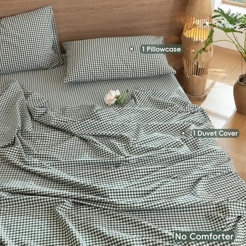 Image of MooMee Gingham Duvet Cover Set 100% Washed Cotton Linen Like Twin | Relaxed Linen-like Texture. Soft, Breathable & Long-lasting Comfort. Lightweight. Hidden Zipper with 8 Interior Corner Ties
