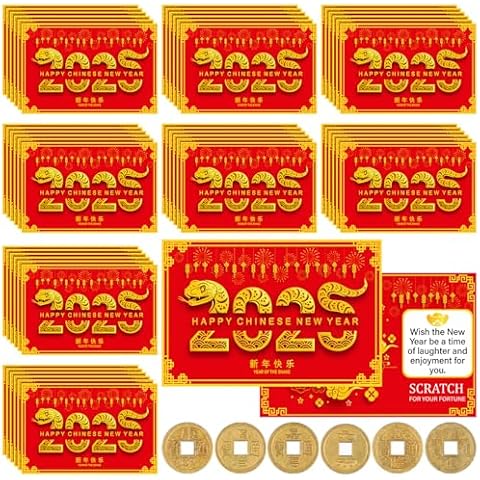 120 Pcs Chinese New Year Scratch Off Card 2025 Year of The Snake Scratch Off Game Cards Lunar New Year Fortune Game Cards with 25 Feng Shui Chinese New Year Coins for Spring Festival Party Supplies Cover