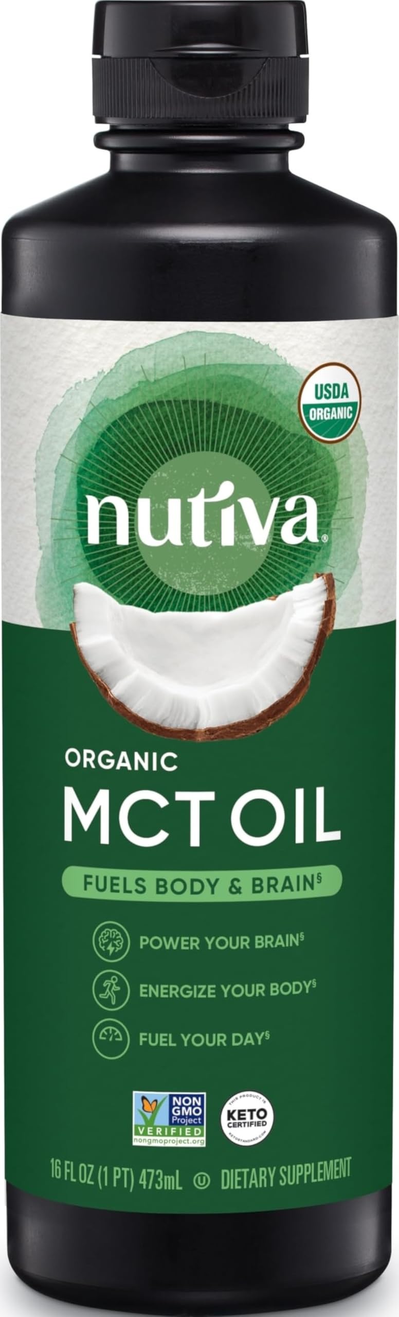 Nutiva Organic MCT Oil, Kosher, Keto Friendly, USDA Certified Organic, Non-GMO, 16 Fluid Ounce (Pack of 1) 16 Fl Oz (Pack of 1)