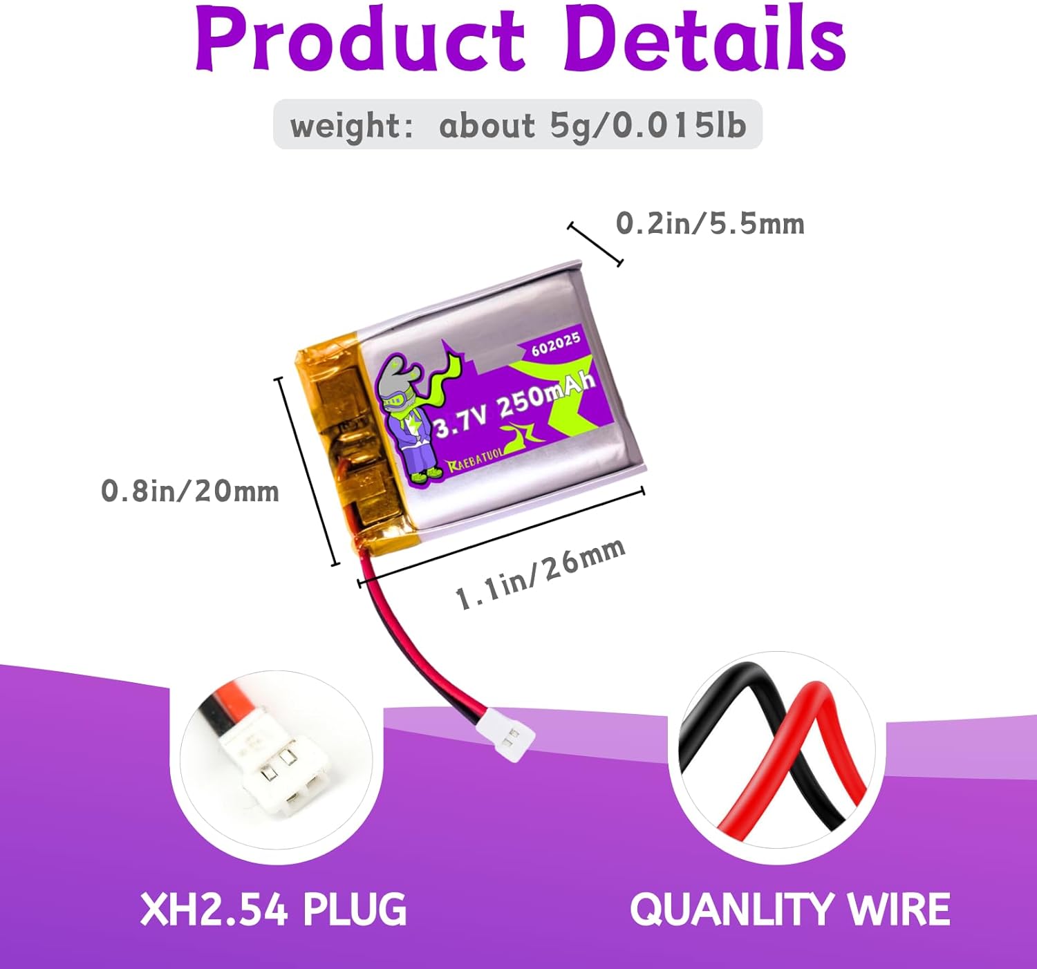 3.7V 250mAh XH2.54/Molex Connector Batteries for DEERC RC Plane SNQ-022, 2.4GHZ Remote Control Airplane 6-axis Gyro Stabilizer, 2CH RTF RC Glider Toy with USB Charger
