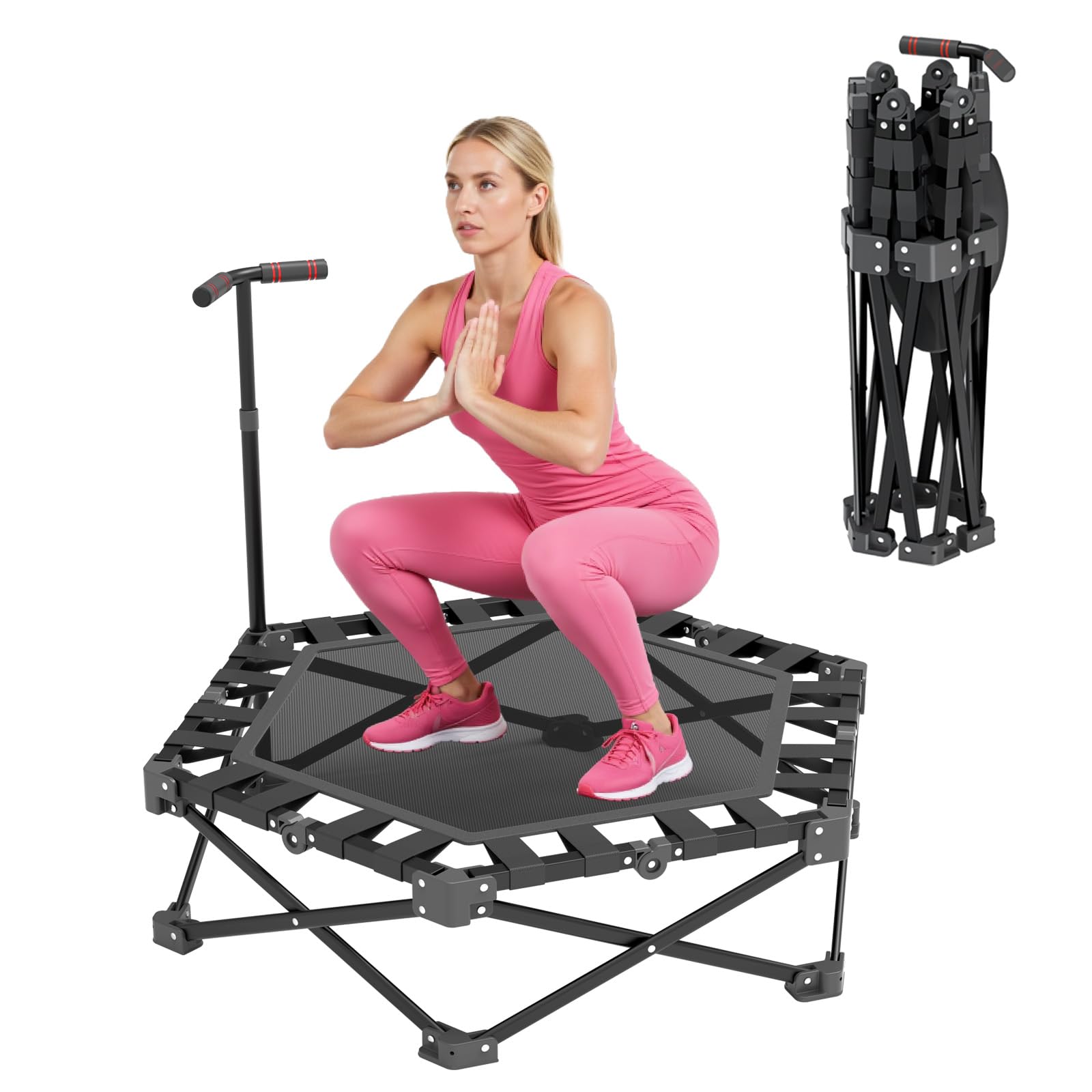 Mini Trampolino Fitness Pieghevole per Adulti, Trampolino per Interni con Maniglia Regolabile, 106 cm, Portata 275 kg, Trampolin per Casa