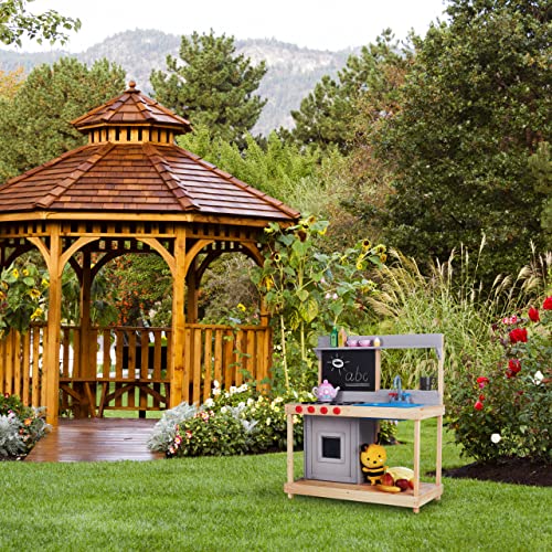 Relaxdays Matschküche, Kinder, mit Spülbecken, Herd & Ofen, Outdoor Spielküche, HBT: 100x87,5x40,5 cm, Holz, Natur/grau – Bild 3