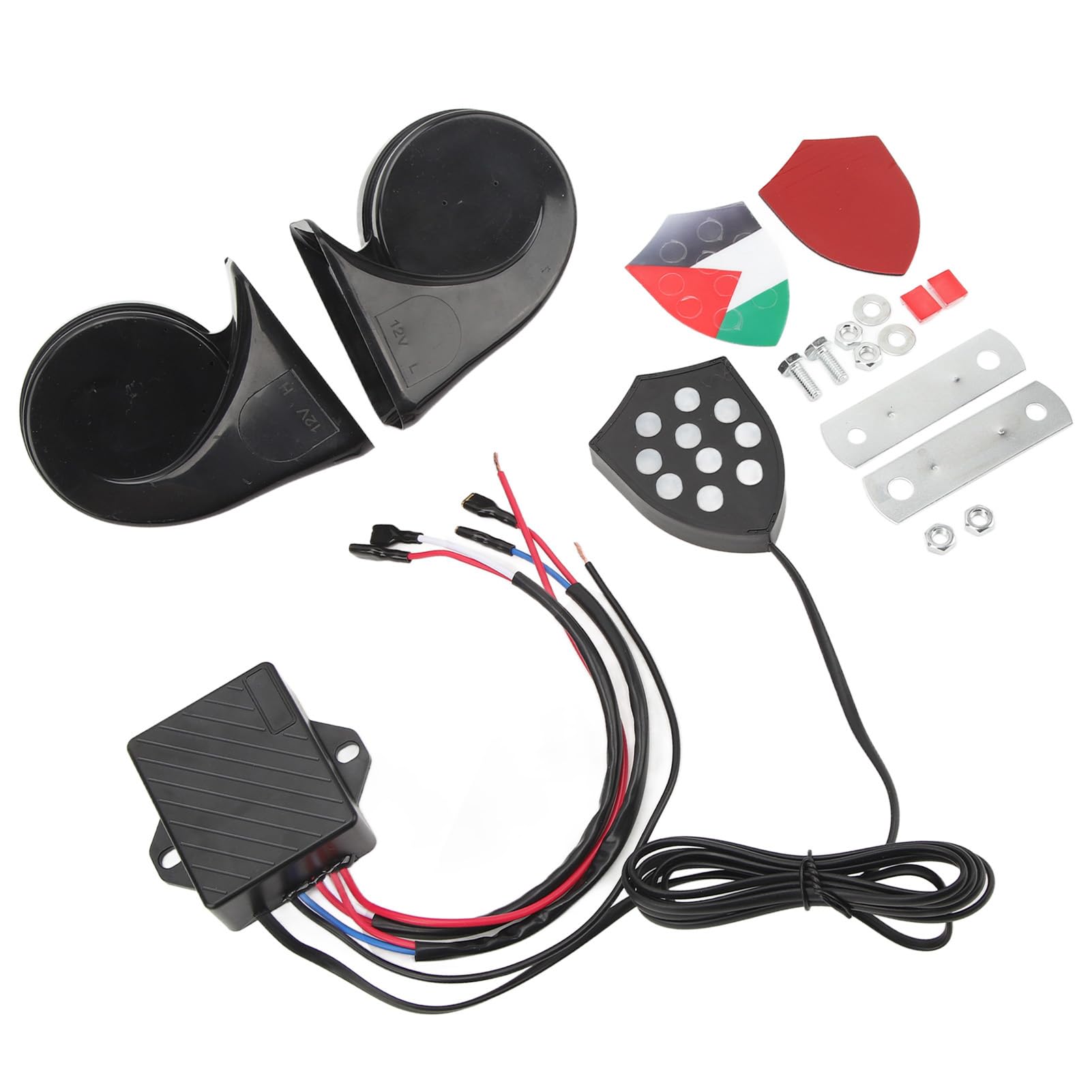 Aramox Clacson Elettronico, Clacson Auto 150dB con Telecomando Universale 12V, Compatibile Berline Camion SUV, Regolatore 10 Suoni Musicali, Modello YC102350-BK