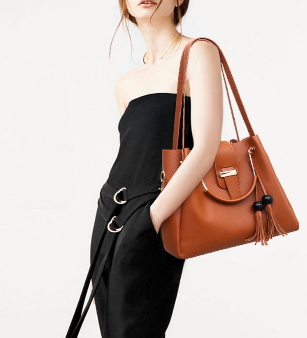 Women's Purse and Handbags 3 Pcs Bag Set PU Leather Tassel Totes Clutch Satchels Top Handle Shoulder Crossbody Bags Pack Brown - Image 3
