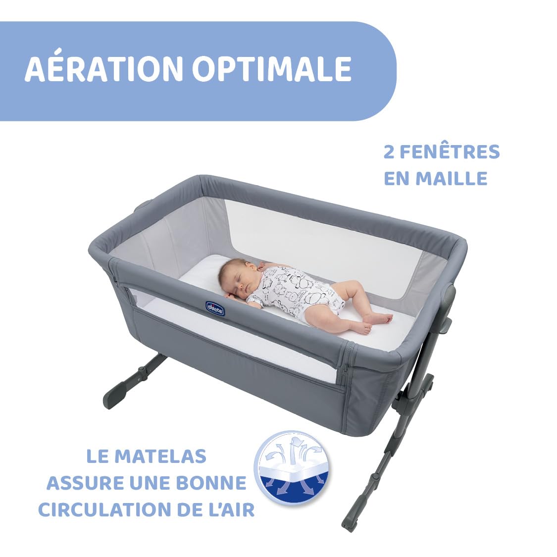 Chicco Next2Me Essential Lit Bébé Cododo, Berceau Bébé Cododo, Compatible avec Plusieurs Lits, Réglable en Hauteur, Bonne Circulation de l’air, Matelas et Sac Inclus, 0-6 Mois, Gris