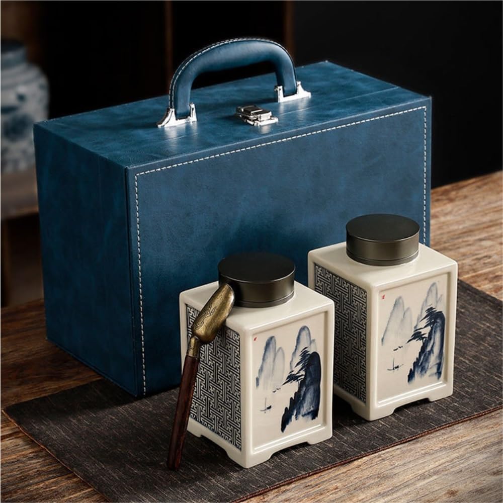 CMBSSTFC Pojemnik na herbatę Retro luzem słoik do przechowywania herbaty domowy kwadratowy słoik słoik na herbatę ceramiczny uszczelniony słoik zestaw do herbaty podwójny słoik skórzany zestaw pudełek