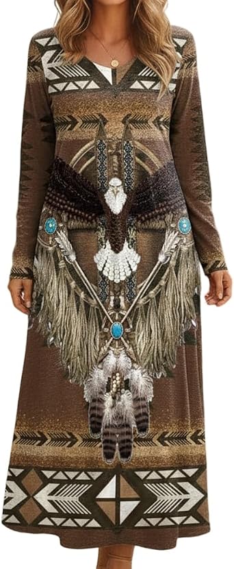Womens Boho Paisley Floral Print Long Sleeve Midi Dress Vintage Crew Neck Fall Dresses for Women 2025 with Pockets