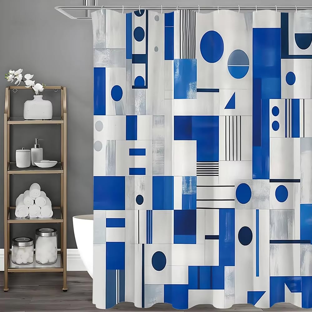 Cortina de Ducha con patrón geométrico Azul, Lavable, Impermeable, de poliéster, para decoración del hogar 300x200cm/118x79in(Ancho X Alto)