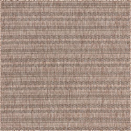 Unique Loom Outdoor Striped Collection Area Rug - Maia (5' 3" Square, Natural/Black)