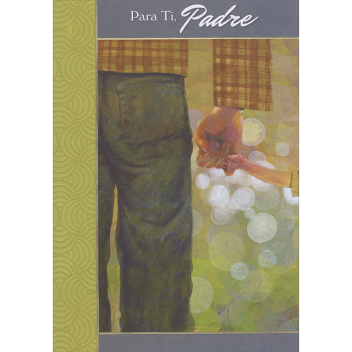 Designer Greetings Man in Plaid Shirt Holding Childs Hand and Swirling Green Column Spanish Father's Day Card for Father