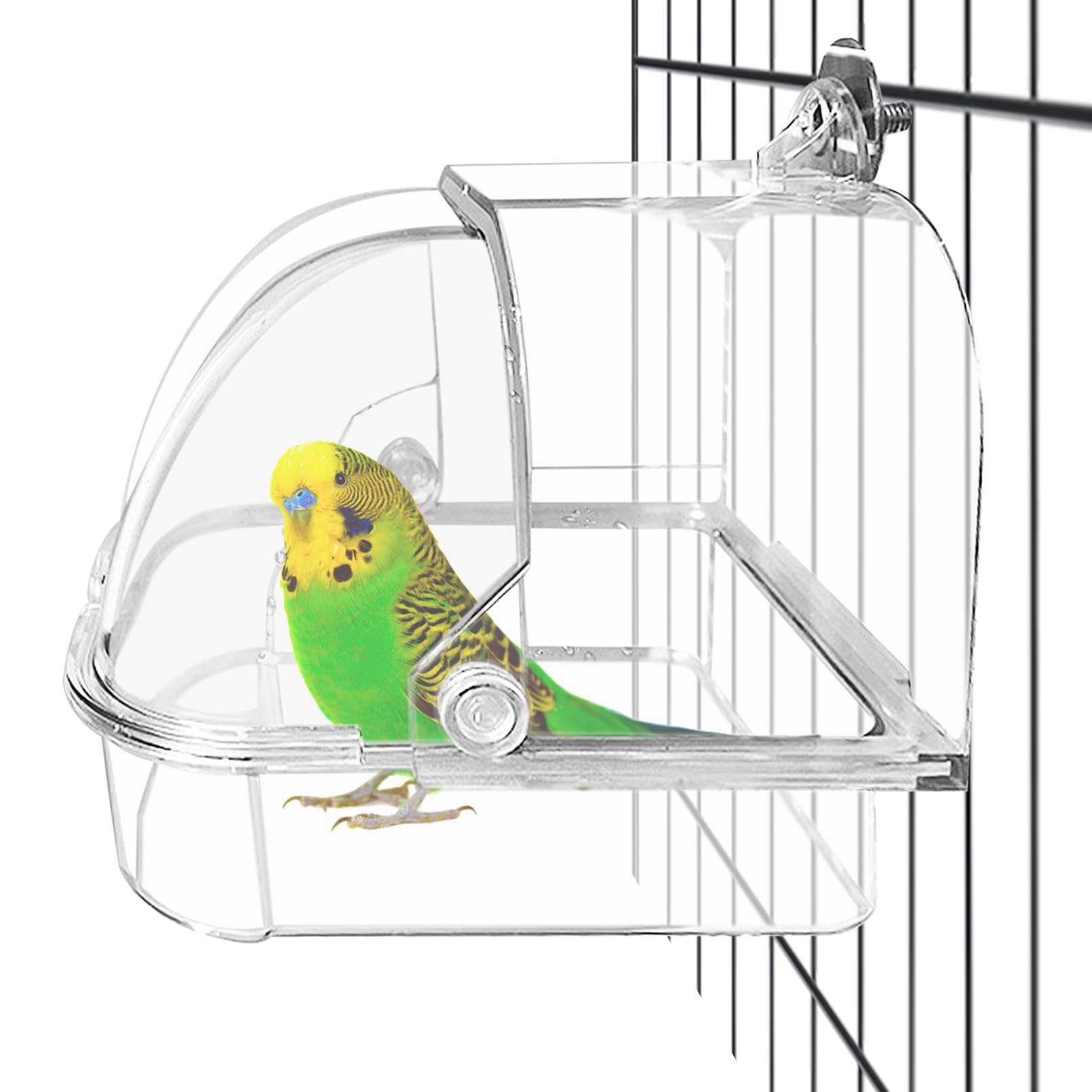 Tfwadmx Bird Cage Bath Hanging Parrot Bath Tub Water Shower Food Feeder Holder Tray Bird Bath Supplies for Small Birds Canary Budgies Cockatiel Lovebirds (Transparent)