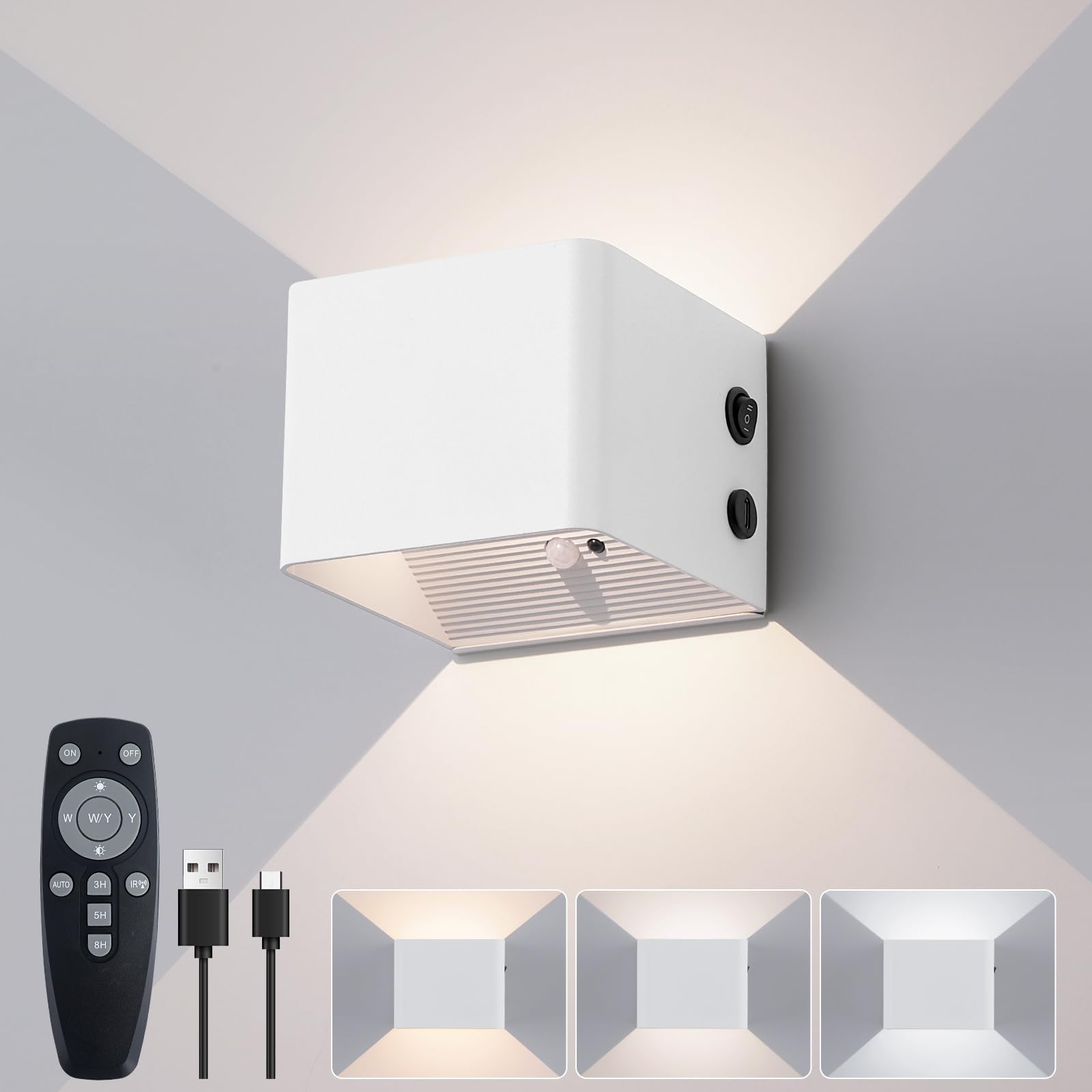Battery Wall Lamp Indoor with Motion Sensor, Remote Control, 3 Colours, Wall Light, Up and Down Indoor LED Wall Light, 3 Modes, Rechargeable Battery Operated Wall Lights, Brightness Adjustable, Black