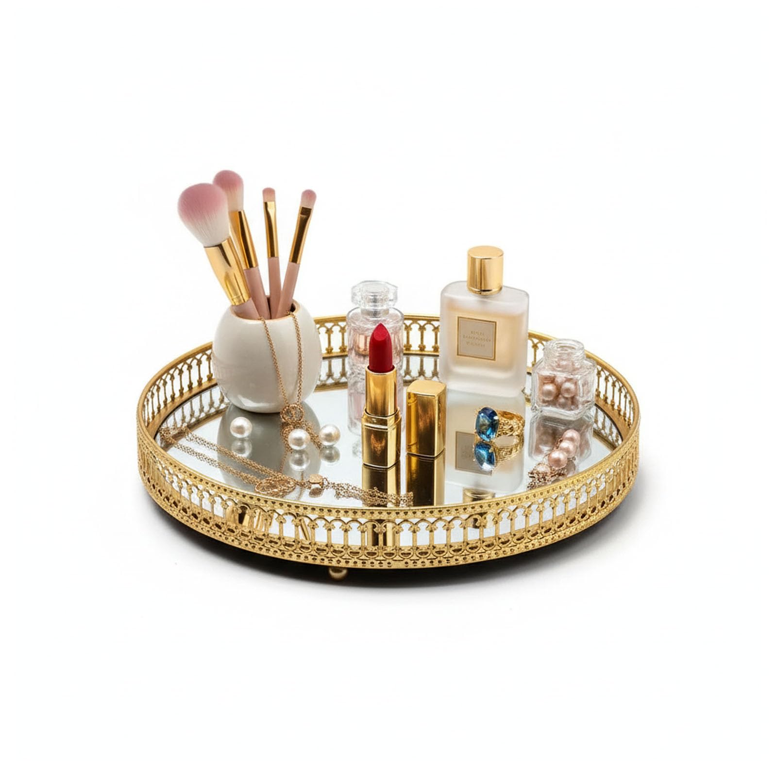 Mirror Vanity Tray, 9.8" Round Jewelry Trinket Tray, Gold Decorative Tray for Dresser Bathroom Tray Storage Perfume Organizer for Bedroom