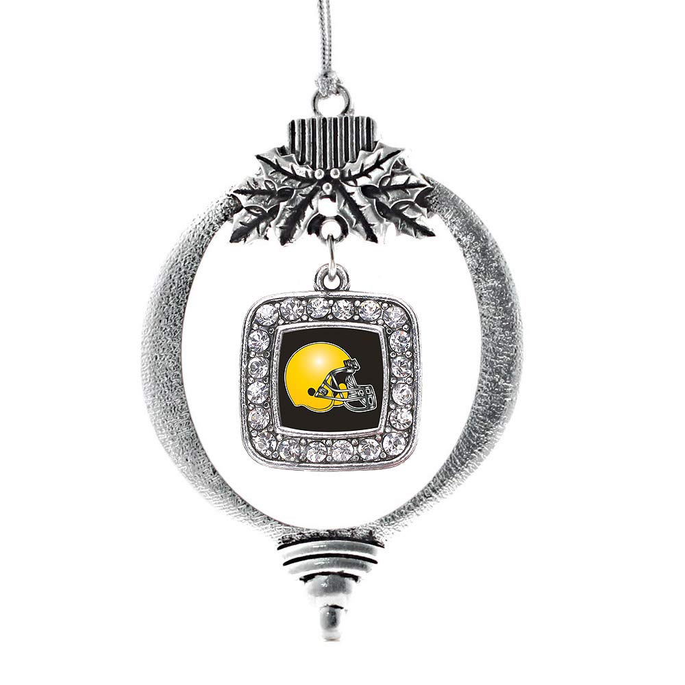 Black & Orange Team Helmet Charm Ornament - Sterling Silver Square Holiday Tree Decoration With Cubic Zirconia, Gift Pouch Included