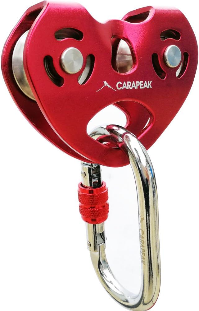 CARAPEAK Zip Line Trolley with Carabiner Fits Cable up to 1/2 Inches, 30kN Zipline Dual Pulley with 25kN Steel Karabiner for Backyard, Homemade, Fits 1/4 5/16 3/8 1/2" Cable