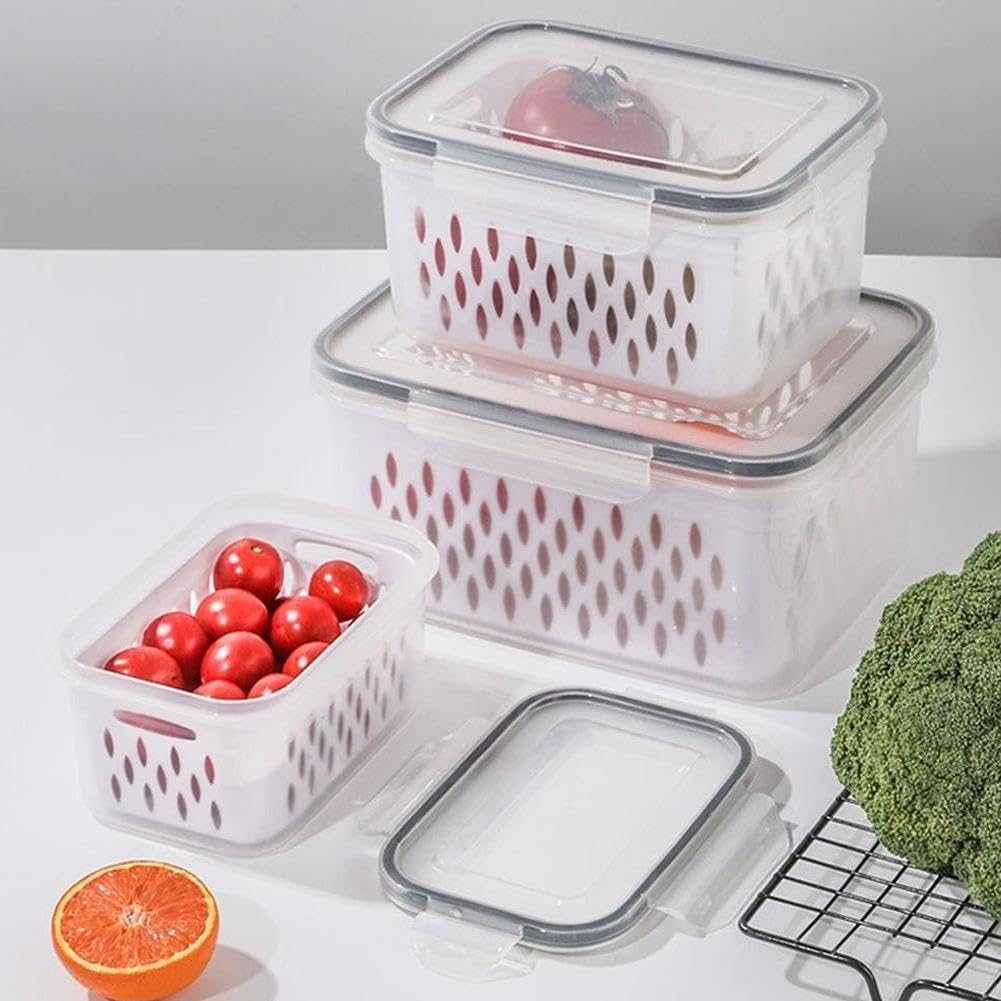 Contenedor apilable 4 en 1 para almacenamiento de alimentos con cesta de drenaje desmontable, caja de conservación de frutas y bayas, lavable para la organización de la cocina, el hogar y la