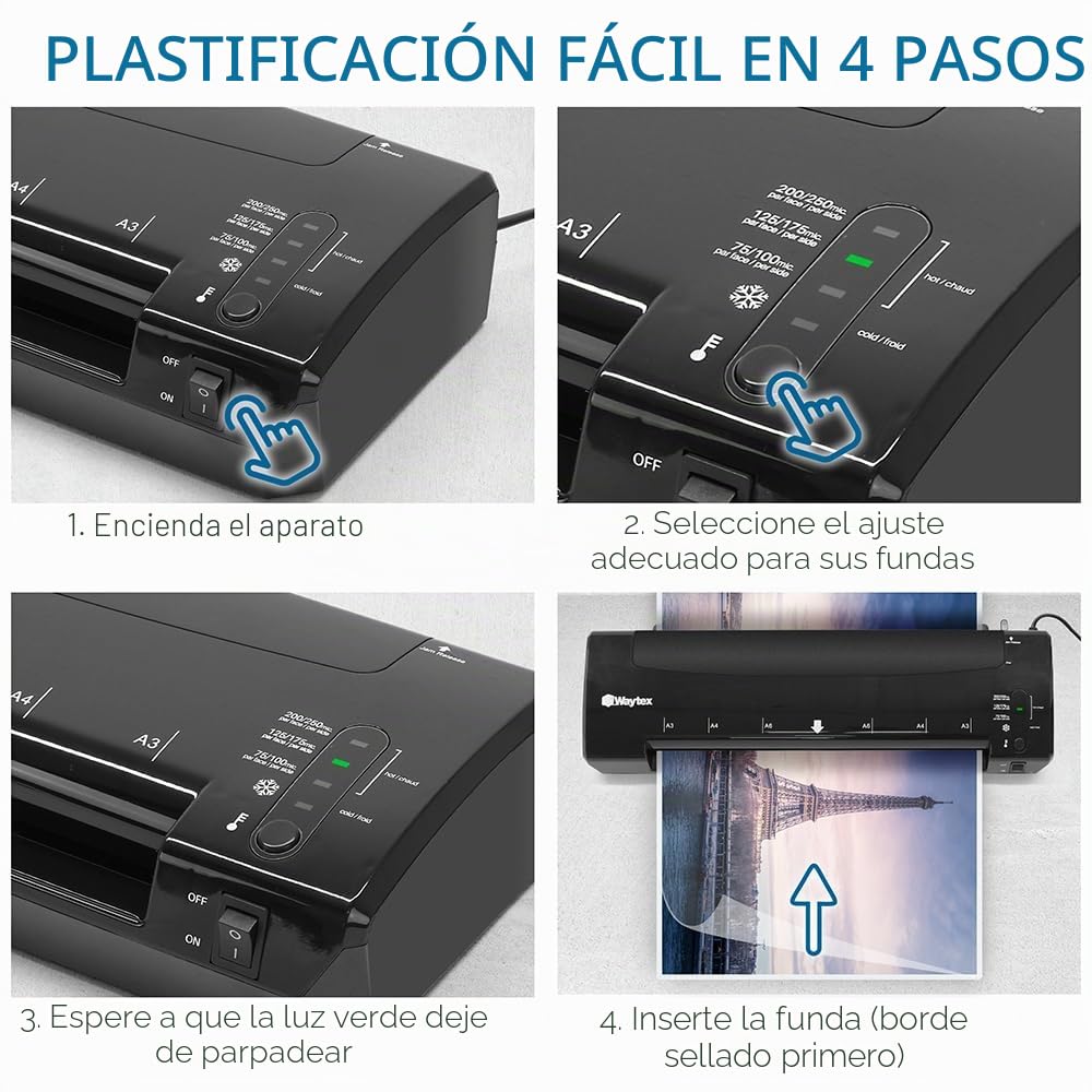 Waytex 78208 - Laminadora A3 A4 A5 A6 Pro Ultra Rápida Laminación en Caliente y Frío hasta 2 x 250 micras con temperatura ajustable + 1 recortador y 1 ángulo de corte