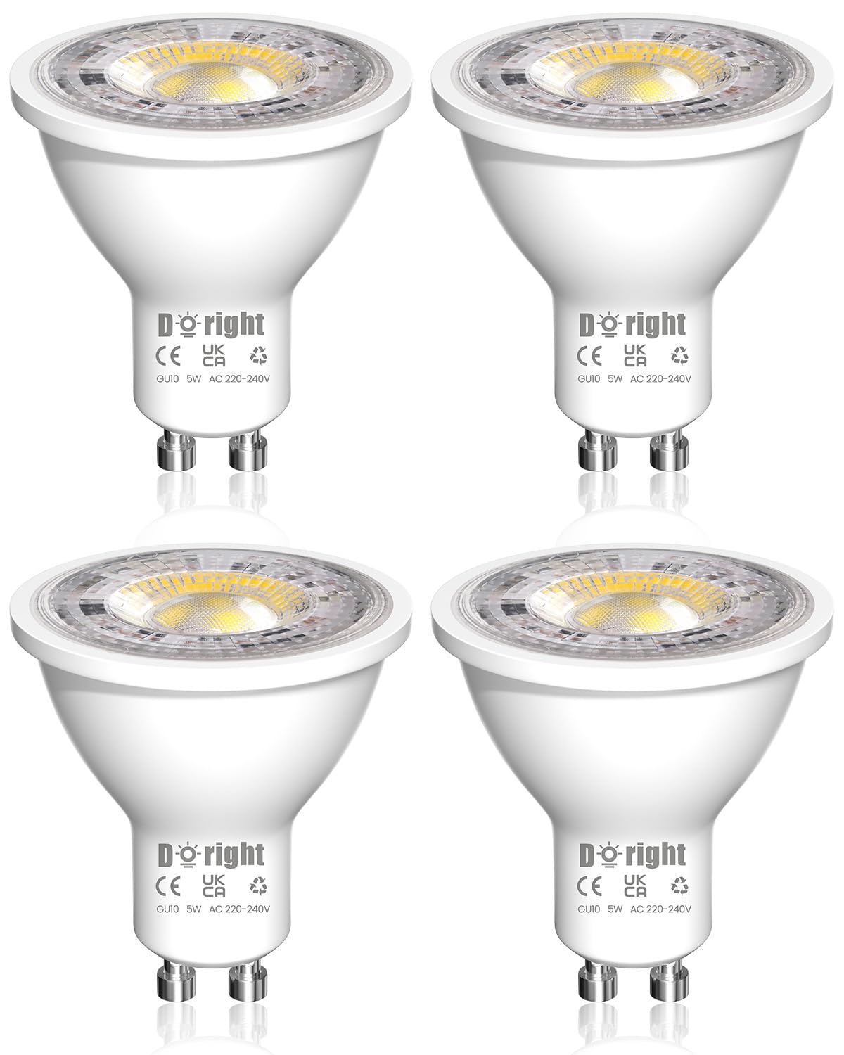DoRight 5W GU10 LED Bulbs Warm White, MR16 GU10 LED Spotlight Bulbs Warm White 3000K, 400lm 40 Watts Equivalent Energy Saving Bulbs, AC 220-240V, 38 Degree Beam Angle, Dimmable, Pack of 4