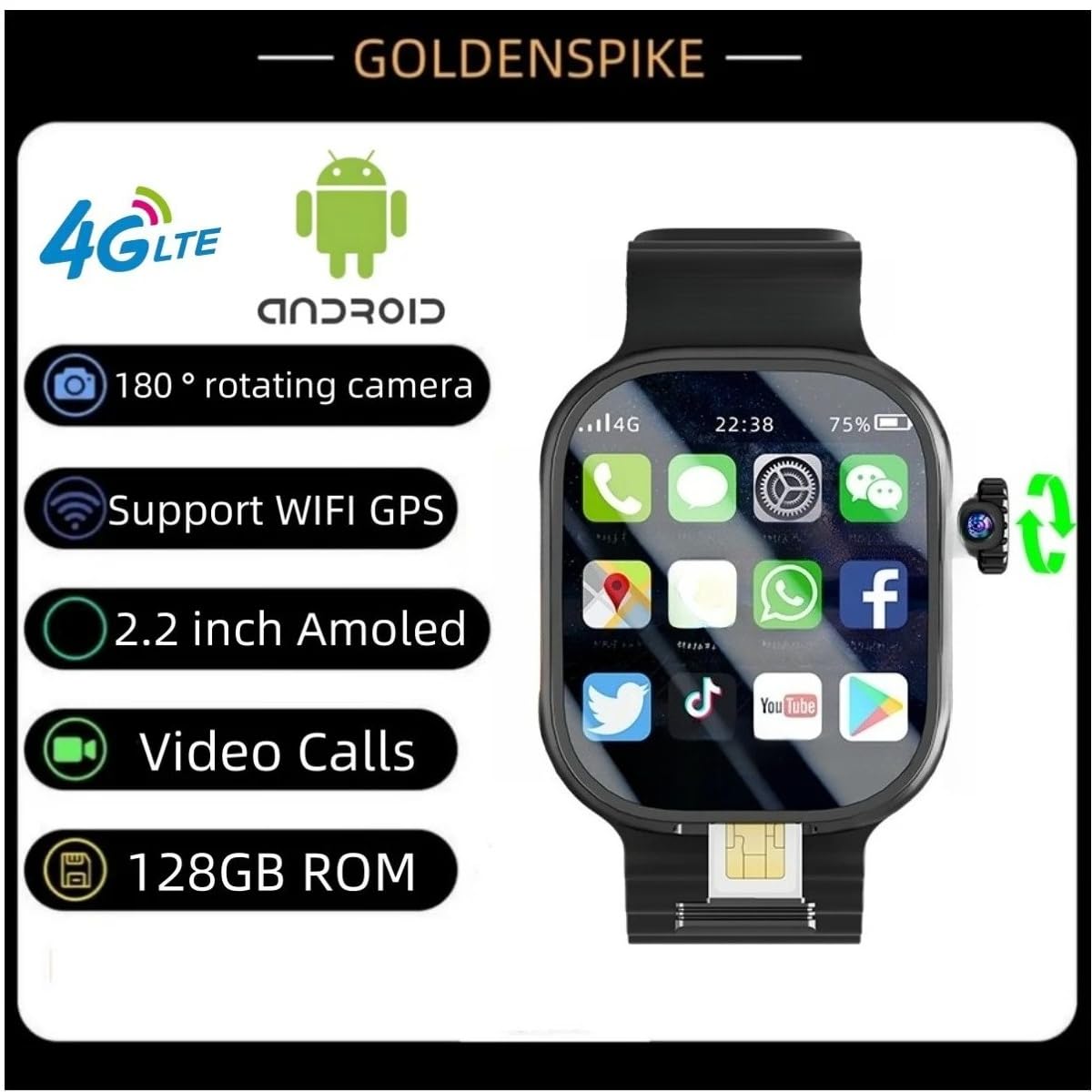 DW99 S10 Ultra MAX Smartwatch 4G Android 10.0 Caméra rotative à 180° WiFi GPS Carte SIM 2,2" Amoled Play Store Montre intelligente pour homme (Orange argenté, 8 Go, 128 Go)