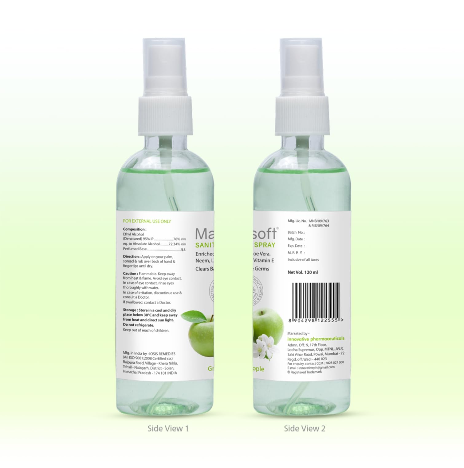 Maxisoft Hand Sanitizer Spray (120 ml)|With Aloe Vera, Lemon, Neem, Vitamin E & Glycerine|Paraben Free|Gentle on skin, tough on germs|(120 ml) (Green Apple, Pack of 4 (120ML X 4))