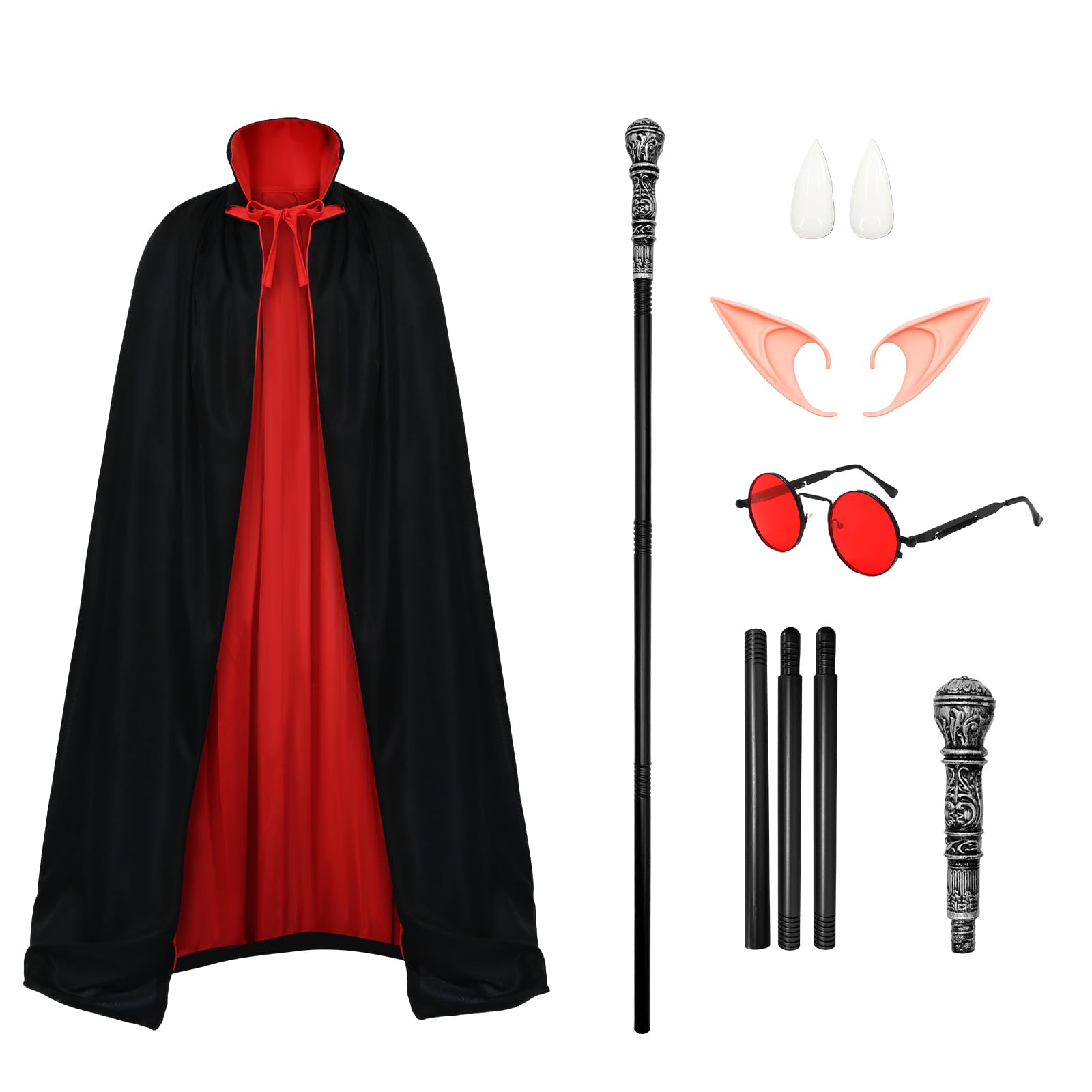 shengo Adult Vampire Cape Costume Set, 7PCS Adult Halloween Outfit with Accessories Reversible Red Black Stand Up Collar Cape Includes Glasses and Scepter Suitable for Halloween Vampire Cosplay