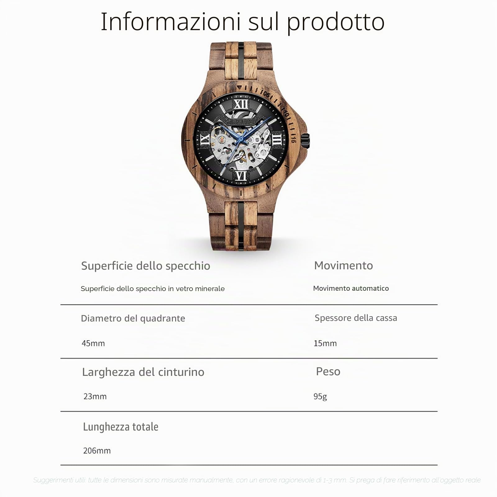 FORSINING Orologio da polso da uomo, alla moda, classico, design in legno, automatico, meccanico, luminoso, impermeabile