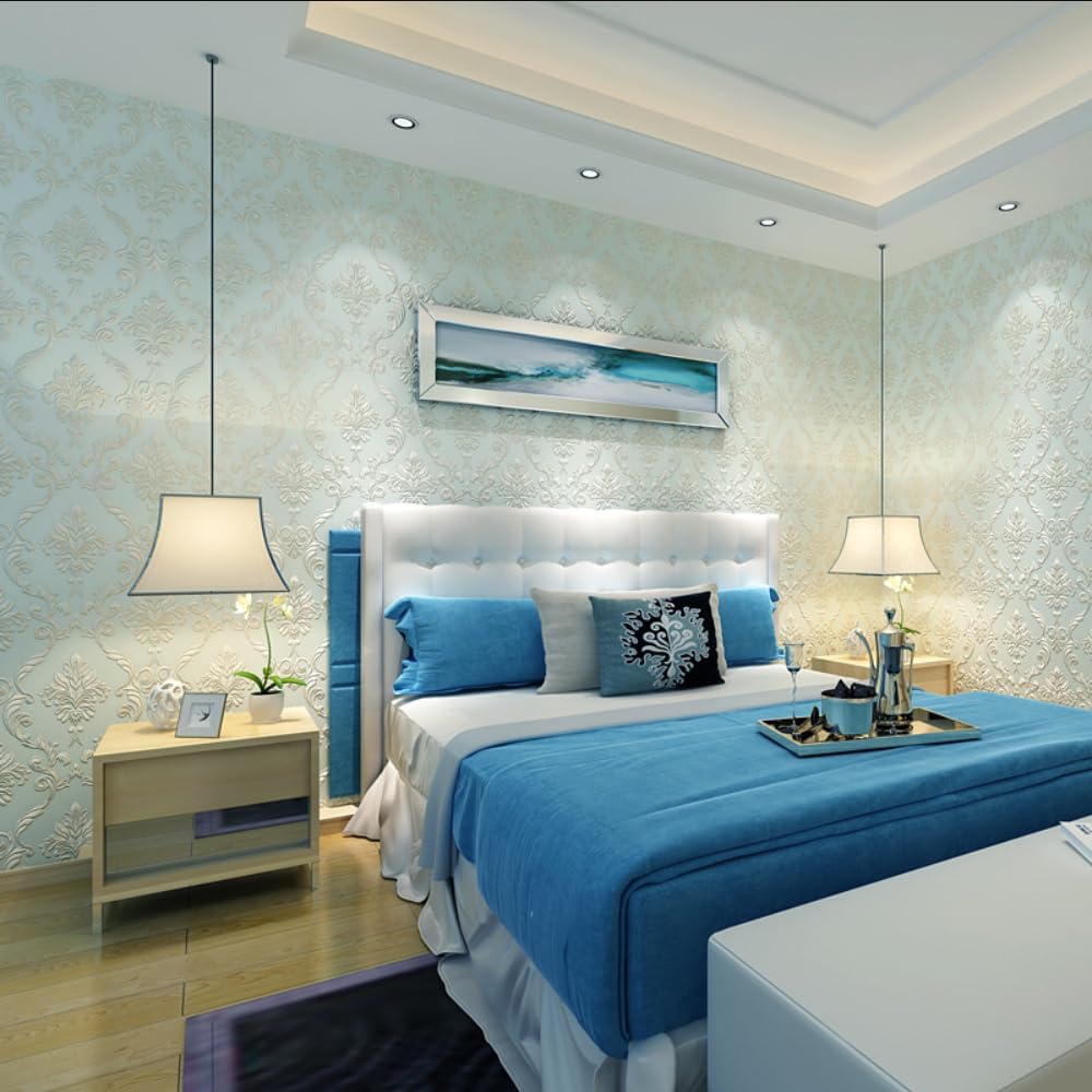 3D Damask Pattern Carving Pattern TV Background Living Room Bedroom Cafe Hotel Modern Minimalist European Style 1.73'W x 32.8‘L Non-Woven Non-Pasted Wallpaper (Light Blue)