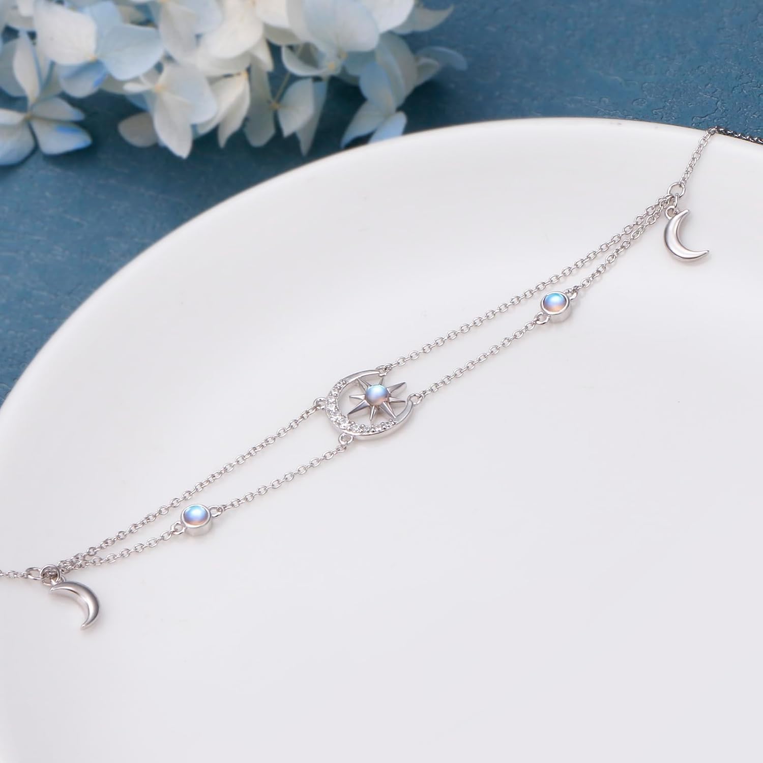 Anklets for Women 925 Sterling Silver Moon Star Adjustable Foot Anklet Moonstone Boho Summer Beach Double Layer Anklets Bracelet Jewelry for Women Birthday Holiday Christmas - Image 4