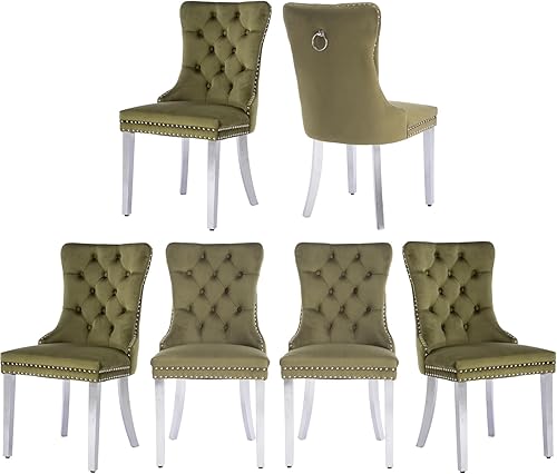 Miniatura 49 de Juego de 6 sillas de comedor de terciopelo gris, modernas sillas de comedor con respaldo copetudo y patas de madera maciza, sillas de comedor Gris