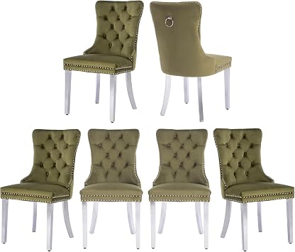 Velvet Dining Chairs Set of 6, Tufted Upholstered Dining Room Chairs with Back Ring Pull, Nailhead Trim and Silver Stainless Steel Legs, Modern Dinging Chair for Dining Room, Olive Green