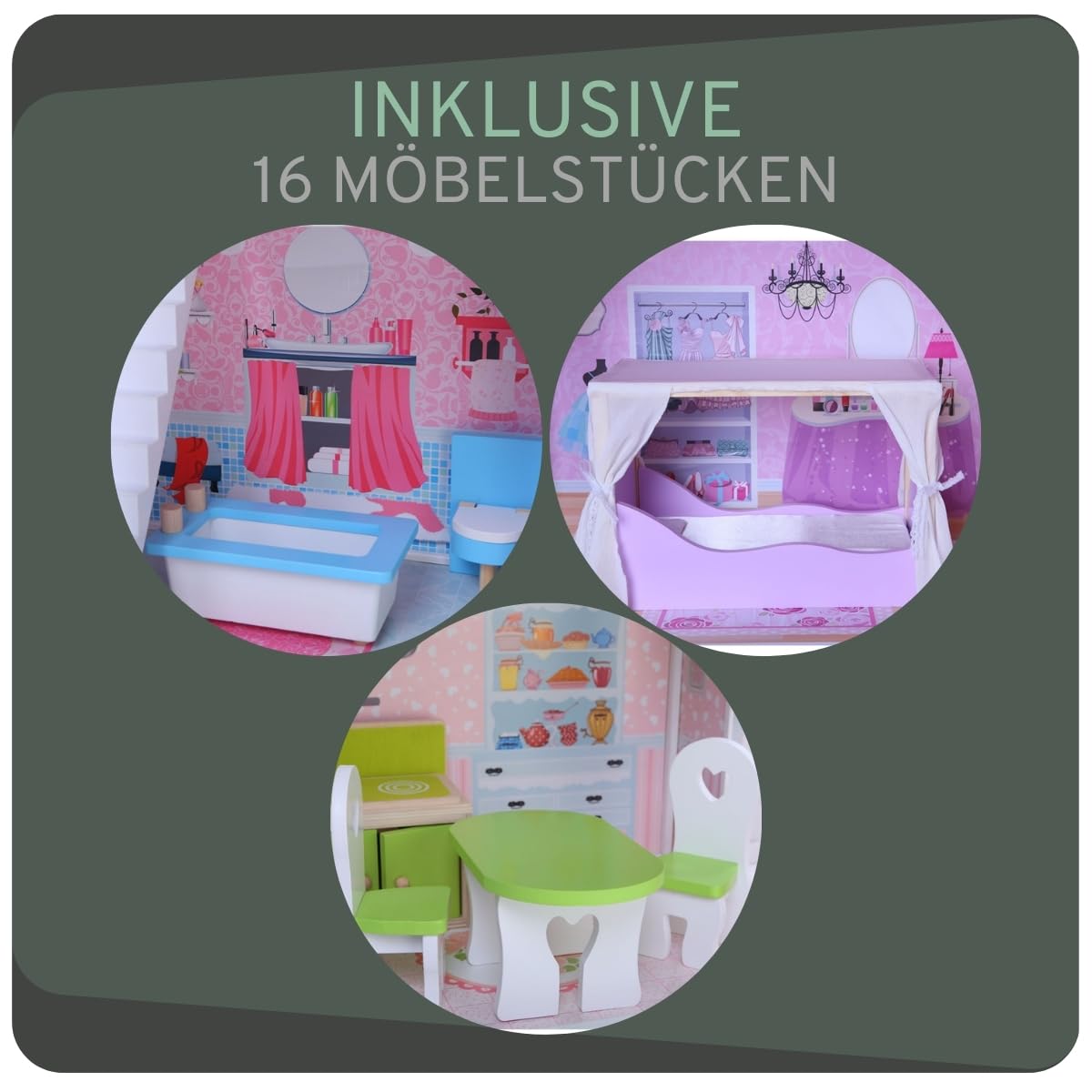 Bandits & Angels Puppenhaus aus Holz, Barbie-Haus, Angels Country House, ab 3 Jahren, 124 cm hoch – inklusive 14 Möbelstücken – für Barbie-Puppen – Puppenhaus – Puppenspielzeug
