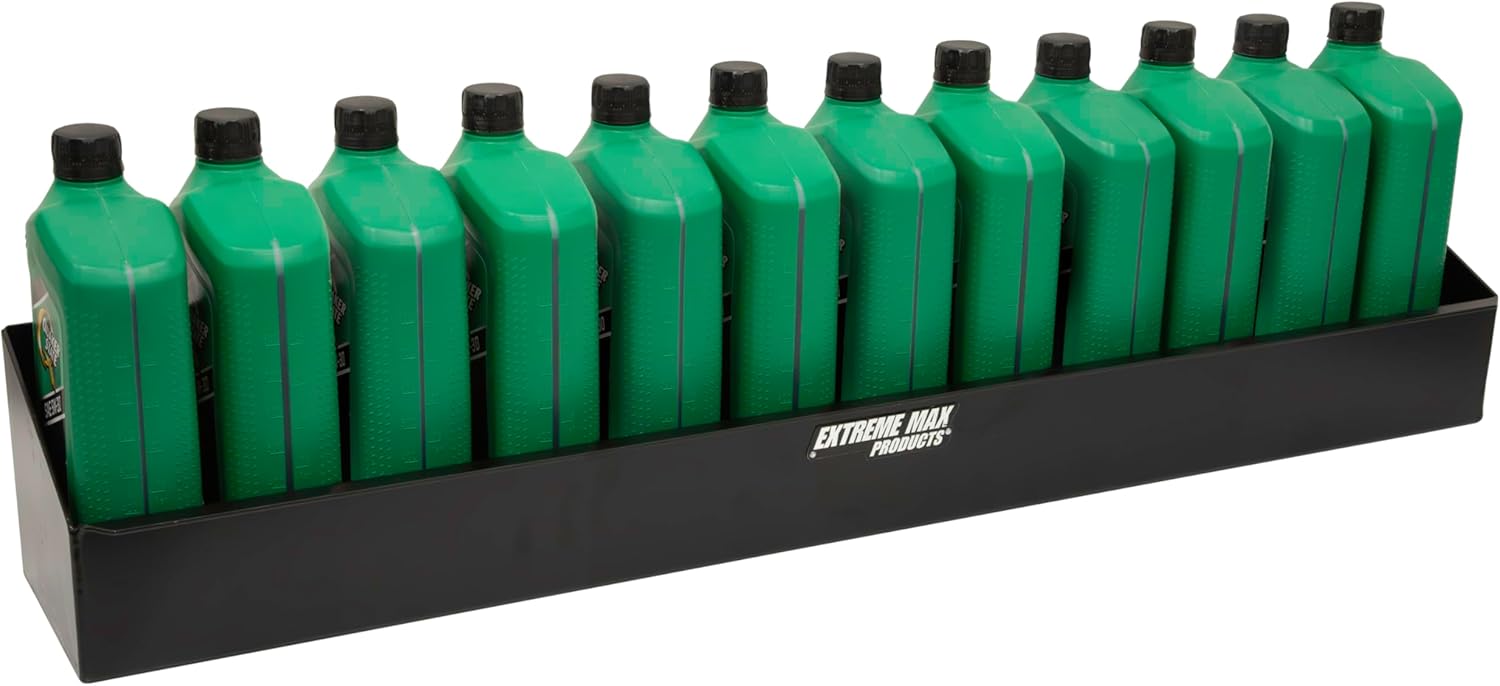 Extreme Max 5001.6472 Wall-Mount 12-Quart Liquid Storage Shelf – Aluminum Rack for Twelve 1-Quart Bottles in Garage, Shop, Race & Enclosed Trailers, Toy Haulers – Black