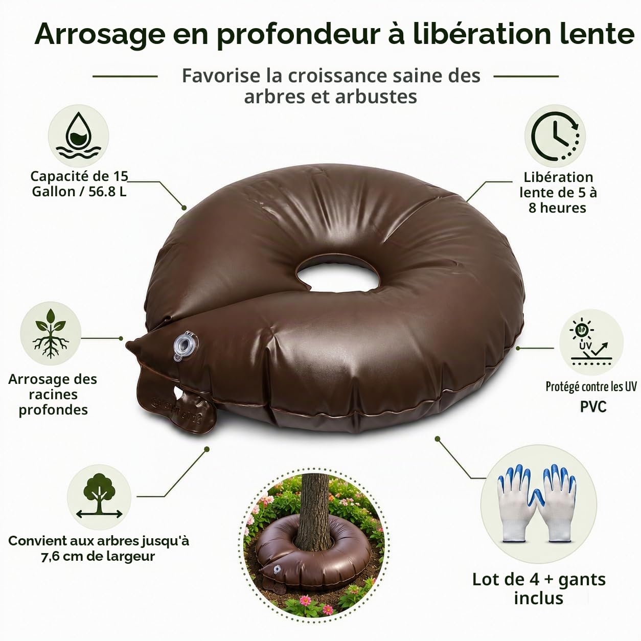 IRSTBL - Lot de 4 anneaux d'arrosage pour arbres – Sacs d'irrigation à libération lente de 56,78 l – 5 à 8 heures d'arrosage en profondeur pour arbres et arbustes – Comprend des gants de jardinage