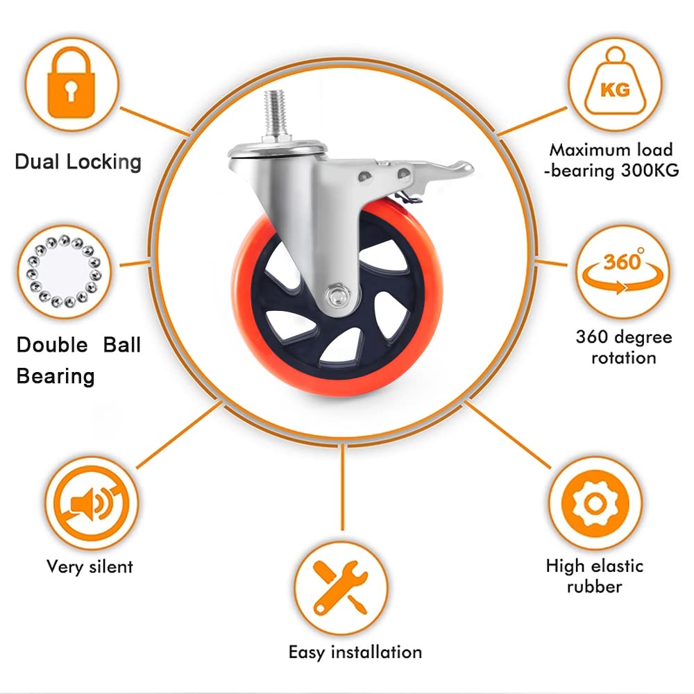 5 inch Casters 1 Inch Thread Stem Casters Heavy Duty Swivel Threaded Stem Caster Wheels with Threaded Diameter 1/2''-13x1'' Length 1 Inch Thread Dual Locking Wheel with Brakes Pack of 4 (5 inch): Industrial & Scientific