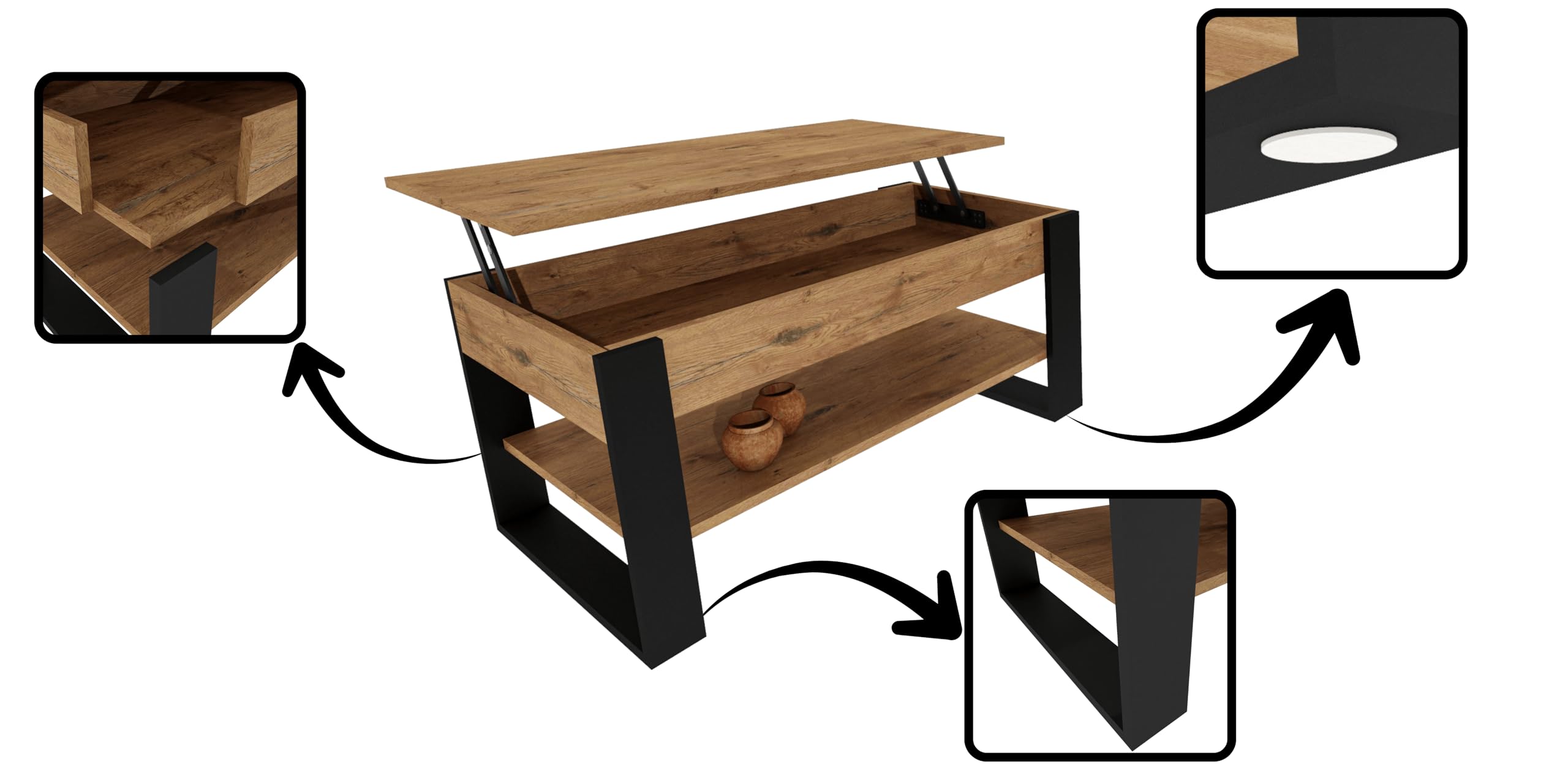Mesa de Centro elevable | Mesa de salón Regulable con Almacenamiento | Roble Lancelot Negro con Estante y Compartimento Oculto
