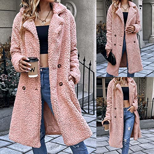 Fluffy Jacket, Fur Coats For Women Leather Shacket Tan Vest Long Women's Mid-Length Double-Breasted Pocket Lapel Wool Cardigan Lambswool Windbreaker Jacket Faux Cardigan Cropped (S, Pink) #TOP1