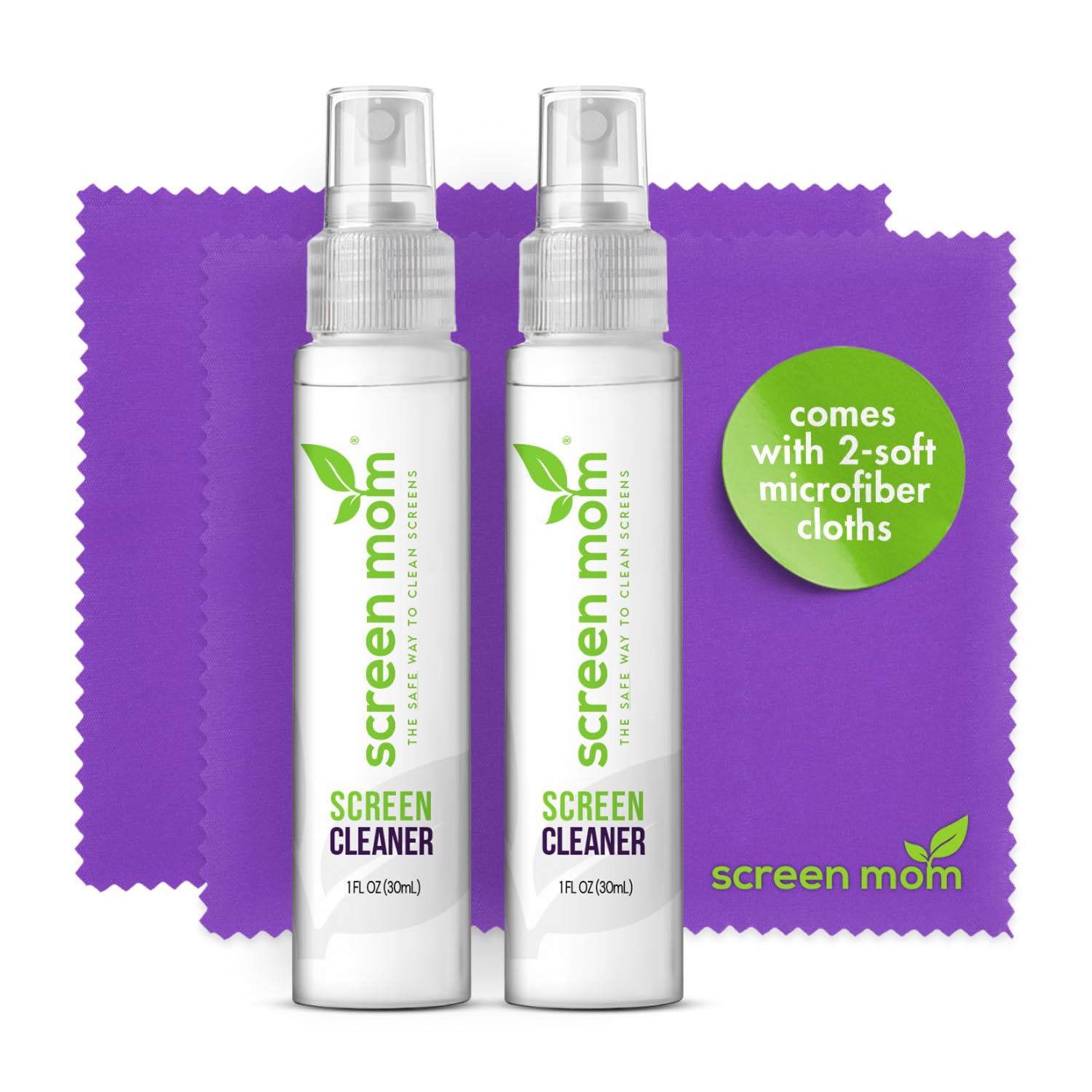 Screen Cleaner Spray and Microfiber Cloths 2-Pack (2x1oz) by Screen Mom-Screen Cleaner Spray and Wipe for TV, Computer, Phone, iPad, Car Screen Cleaning Kit Electronic Cleaner Spray