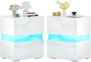 SUPERJARE LED Nightstands Set of 2, Bedside Tables with LED Lights, Night Stands with High Gloss Drawers, Remote, End Tables Side Tables, for Bedroom - White