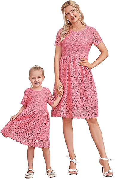 Amazon Com Mommy And Me Matching Dress Mom Girls Family Matching Lace Midi Dress Short Sleeve Clothing Shoes Jewelry
