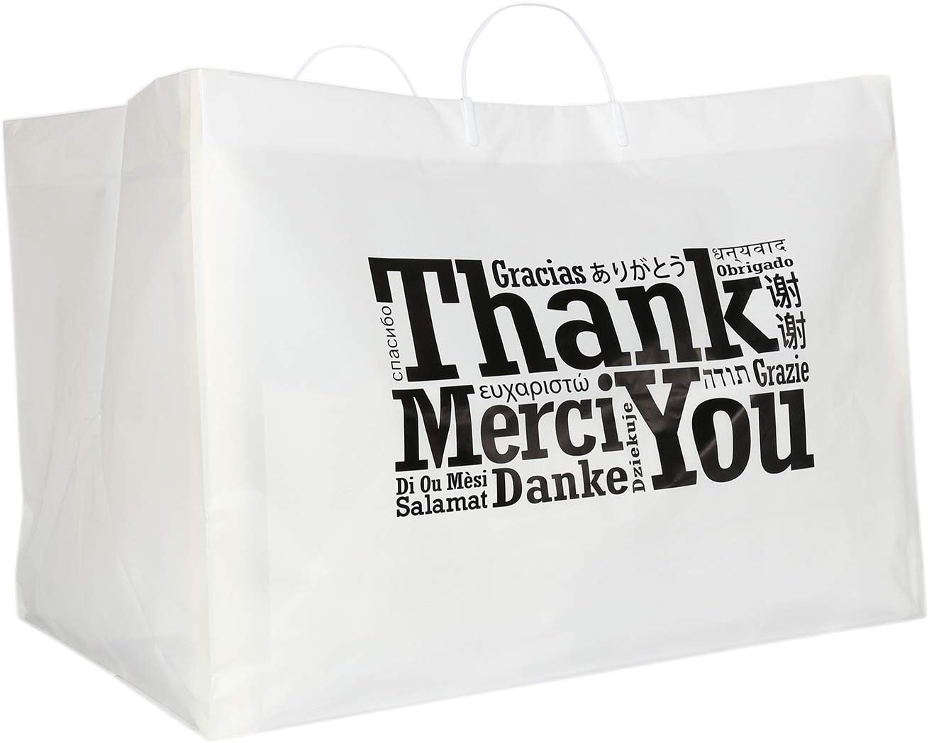 Royal Recyclable Plastic Shopping Bags with Rigid Handles, 22 x 14 x 15 Inches, Multilingual “Thank You” Design, Case of 50